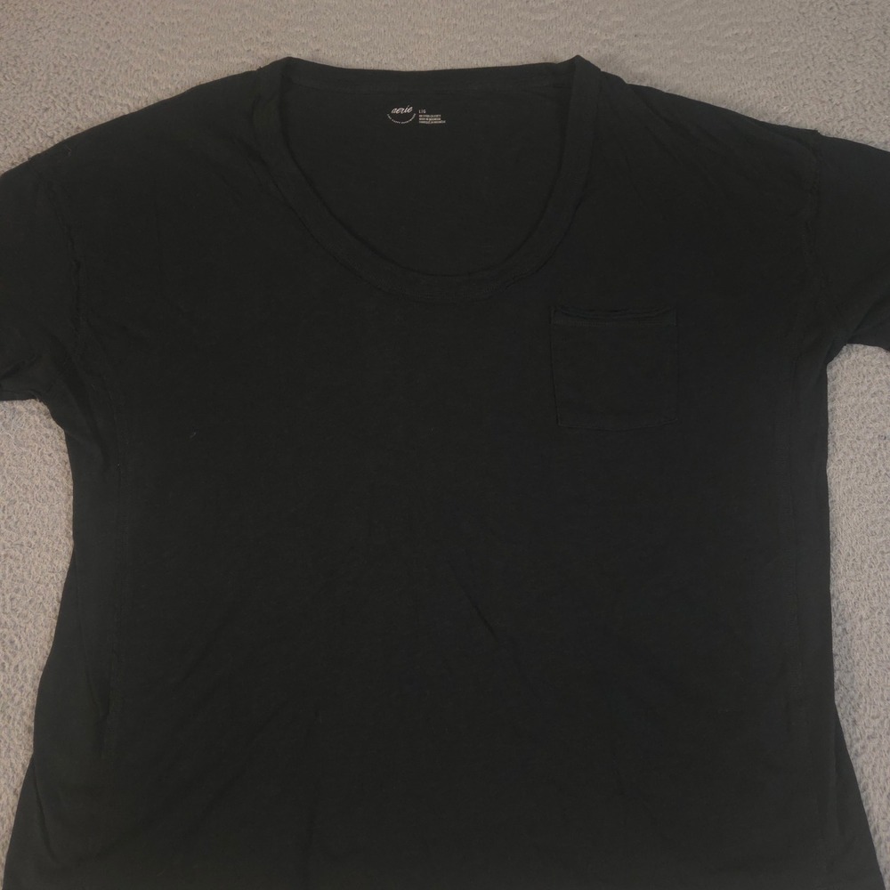 Aerie Top Womens Large Black 100% Cotton Pocket Scoop Neck Oversized Tee T-Shirt